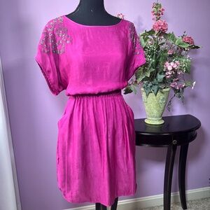 EXPRESS Magenta ROSE Rhinestone Accent Satin Party/Cocktail Mini Dress w POCKETS
